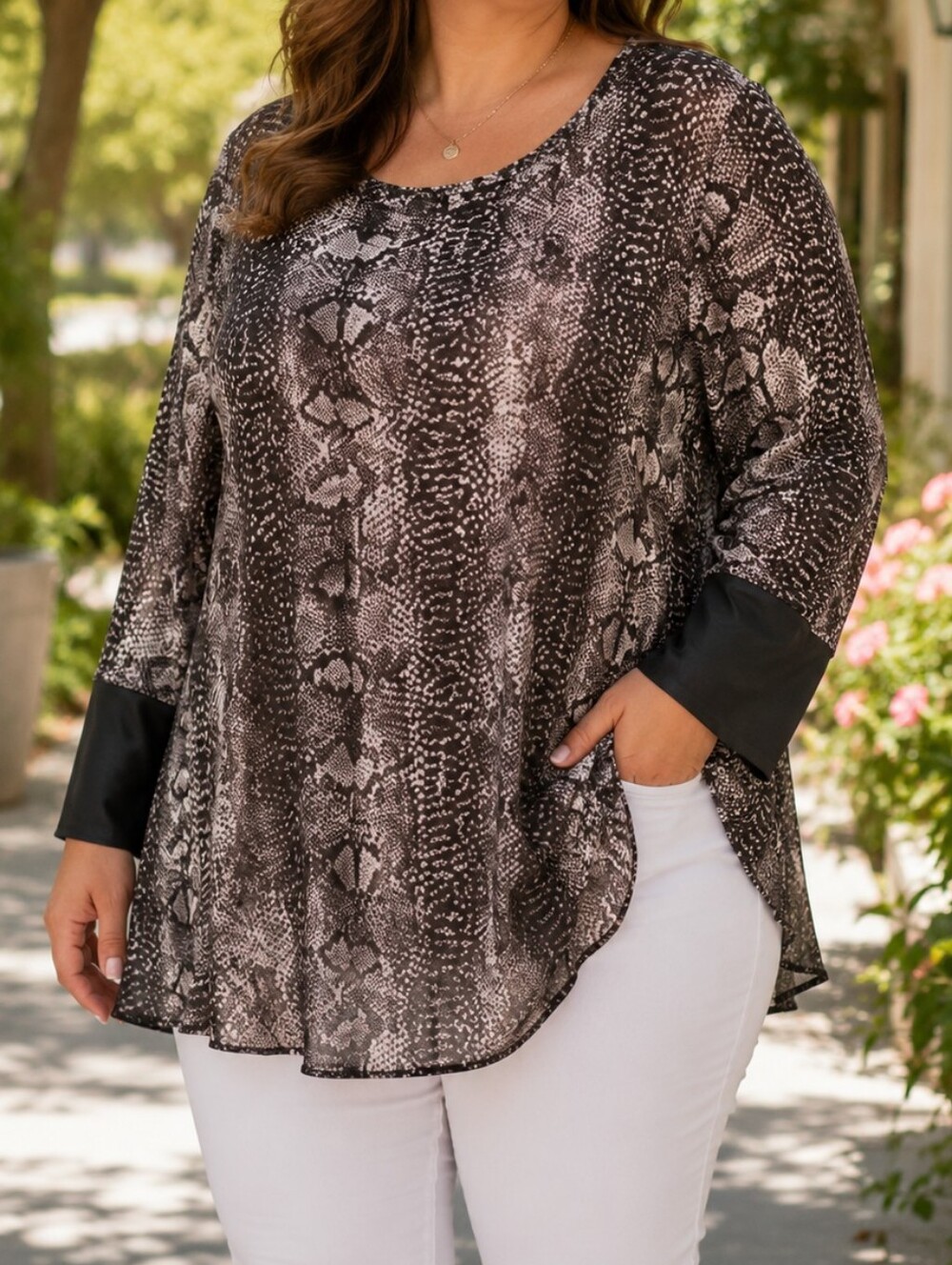 Nygård Plus Size Brown Snake Print Long Sleeve Blouse | Chiffon Hem Tunic Top